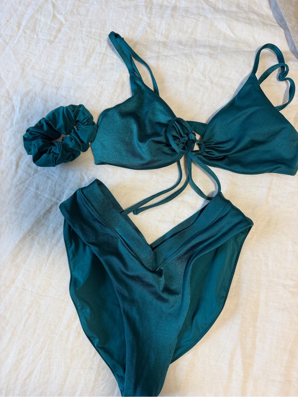 Deep Teal V-Waist Bikini Set with Scrunchie